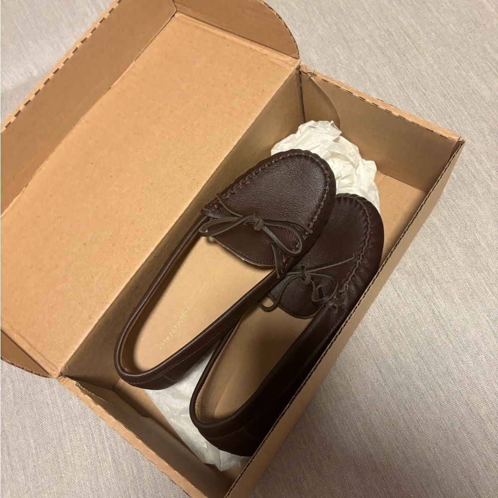 NIB Anthropologie Bow Driving Brown Leather Loafers for Women — 7-7.5 / 38